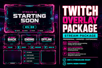design premium cyberpunk twitch overlays and retro synthwave stream packages