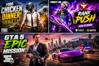 design high CTR gaming youtube thumbnails for pubg, free fire and gta 5