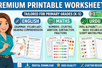design custom printable worksheets for english, maths,urdu,coloring book