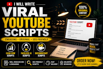 write viral youtube scripts for cash cow, faceless ai and documentary vid