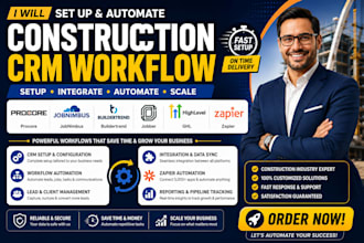 set up procore jobnimbus, buildertrend, jobber, ghl workflow, zapier automation