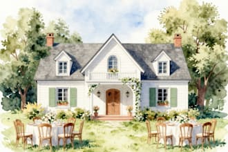 draw watercolor wedding venue, house and building