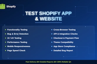 test your shopify website, shopify app for bugs, functionality, and performance