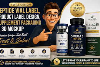 do peptide vial label, product label design, supplement packaging and 3d mockup