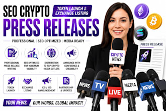 write SEO crypto press releases for token launch and exchange listing