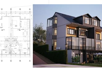 convert 2d plan into realism building,villa open space,garden aesthetic,skp file
