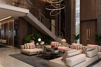 stylish premium interior cgi,homestyle living room rendering,high ceiling design