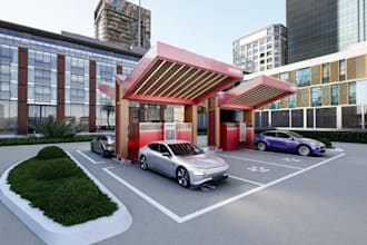 design modern 3dcharging depot,parking,ev hub,gas station,2d layout,3d rendering