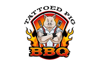 create a muscle pig cartoon logo for a BBQ restaurant team