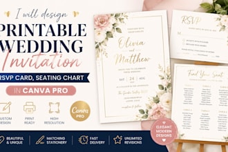 design printable wedding invitation, rsvp card, seating chart in canva pro