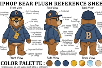 design 2d custom plush reference sheet for stuffed animal from mascot character