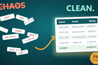 clean up your messy excel or CSV data within 24 hours