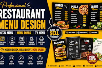 design a professional digital menu board, TV menu, restaurant menu