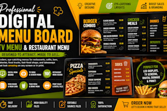 design a professional digital menu board, TV menu, restaurant menu