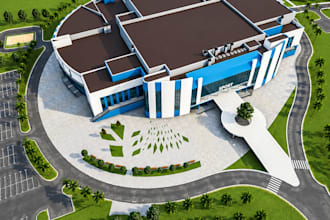 do photorealistic 3d sports complex, gym, stadium and pickleball court render