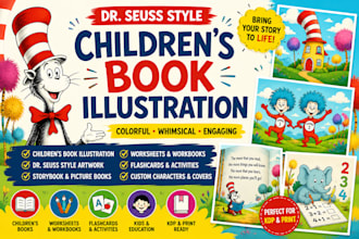 design dr seuss style children book illustration and workbook