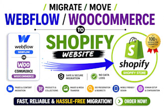 migrate move webflow woocommerce website to shopify website, webflow to shopify