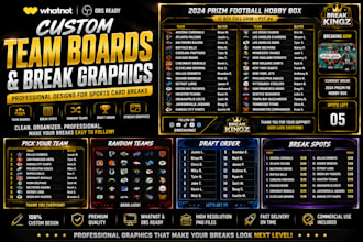 design custom team board, break spots, and stream graphics for sports card break