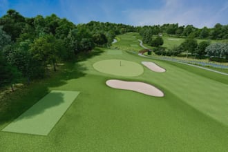 create realistic  3d golf course, golf resort with landscape design