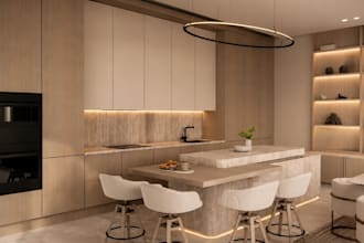 design luxury 3d house interior rendering for kitchen, dining room, living space