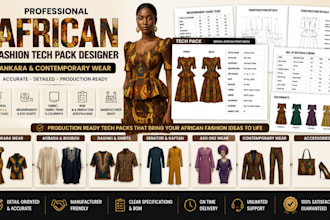 design an african fashion tech pack for ankara and contemporary wear and bom