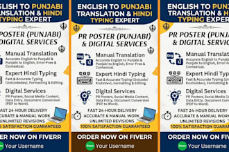 do professional english to punjabi translation hindi typing