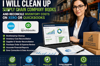 clean up supply chain company books and reconcile inventory costs on xero or qb