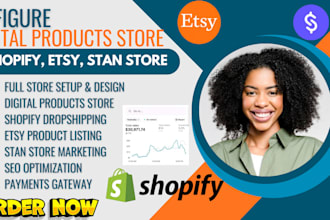 setup 7figure shopify digital product store, stan store, etsy digital products