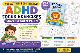 design a kdp activity book interior for kids with adhd and focus challenges