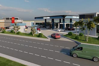 renovate petrol station,ev charging hub,convenience,forecourt,modular layout,bay