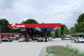 render complete 3d gas station, ev bay, drive thru, automated car wash,site plan