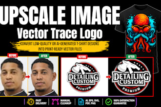 upscale image, vector trace logo and t shirt to print ready