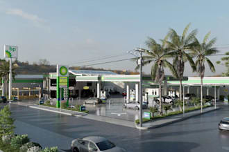 design detailed fuel station,gas station,ev hub,exetrior render,service bay,plan