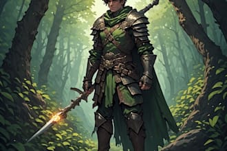 draw dnd character in environment scene forest dungeon or battlefield