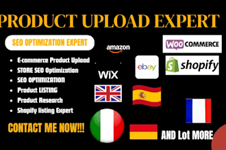 do product upload, listing on shopify, ebay, esty, woocommerce, wix and amazon