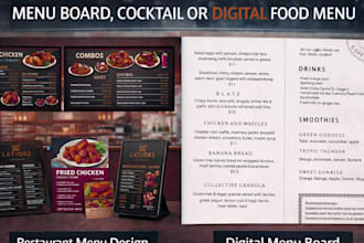 design a luxury cocktail, drink, food, digital menu board for your bar or lounge