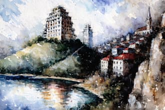 draw original watercolor landscape,architecture,city artwork
