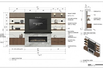 do stunning media wall, tv wall, floating shelf, fireplace millwork drawing