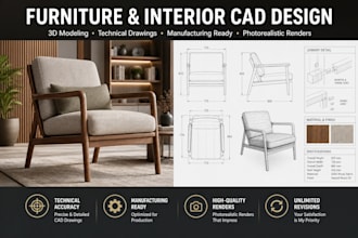 design custom furniture in 3d cad for manufacturing with full technical drawing