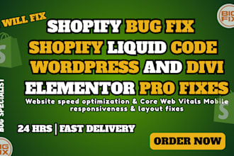 fix shopify bugs, custom coding, wordpress, divi and elementor pro