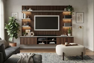 design living room tv wall,t v unit shelf, media wall, ottoman 3d rendering