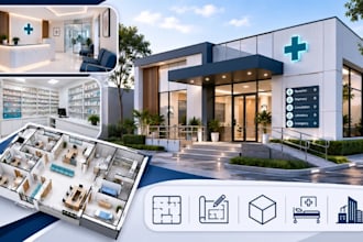 design medical clinic, pharmacy floor plan 3d rendering