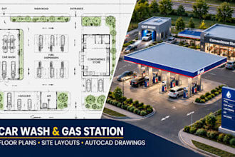 design car wash, gas station floor plan, site layouts autocad drawings