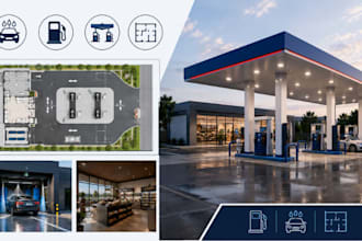 design car wash, gas station, petrol station floor plan layout