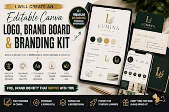 create an editable canva logo, brand board and branding kit