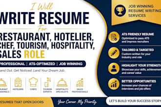 write resume for restaurant, hotelier, chef, tourism, hospitality, sales role