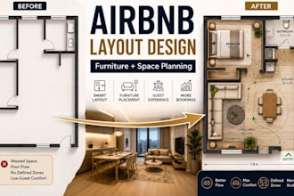 design airbnb apartment layout with furniture placement and guest experience