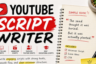 write researched youtube scripts for documentary and faceless channels