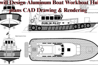 design aluminum boat, workboat hull plans cad drawing and rendering