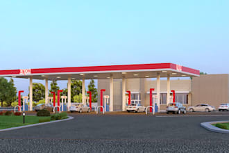 outdoor gas station cgi render,drive thru,fuel pump design,3d parking lot visual